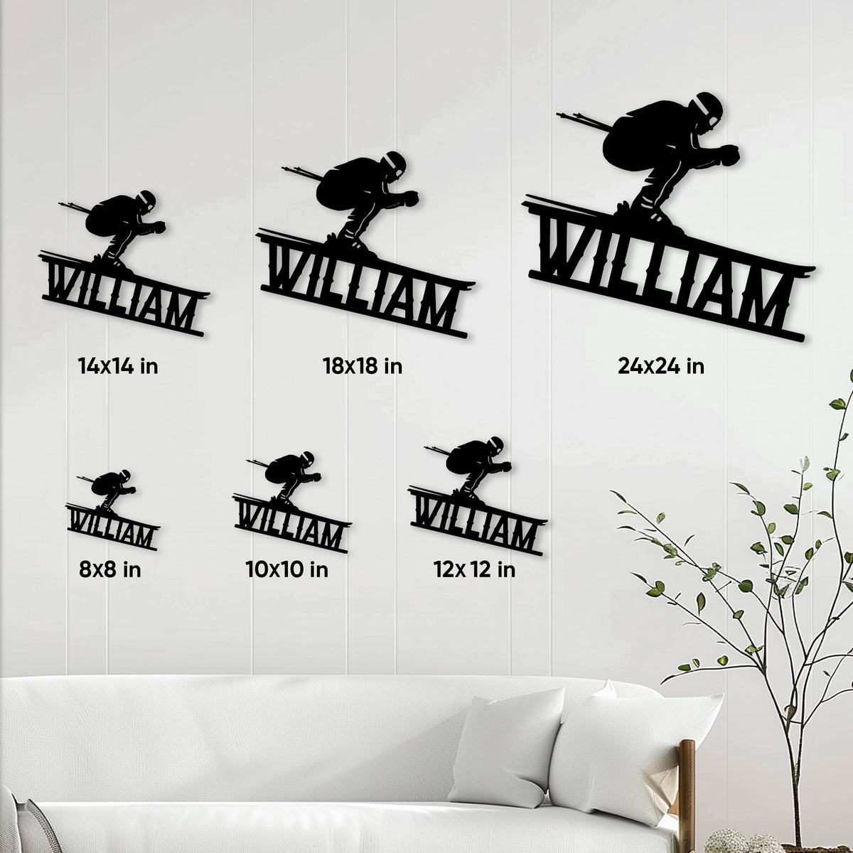 Skiing metal sign size guide showing skier silhouettes in six available square sizes