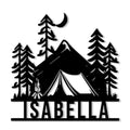 Camping metal sign featuring a mountain campsite, tent, pine trees, campfire, and crescent moon silhouette