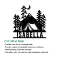 Cut metal camping sign shown with a mountain, tent, pine forest, campfire, and crescent moon design