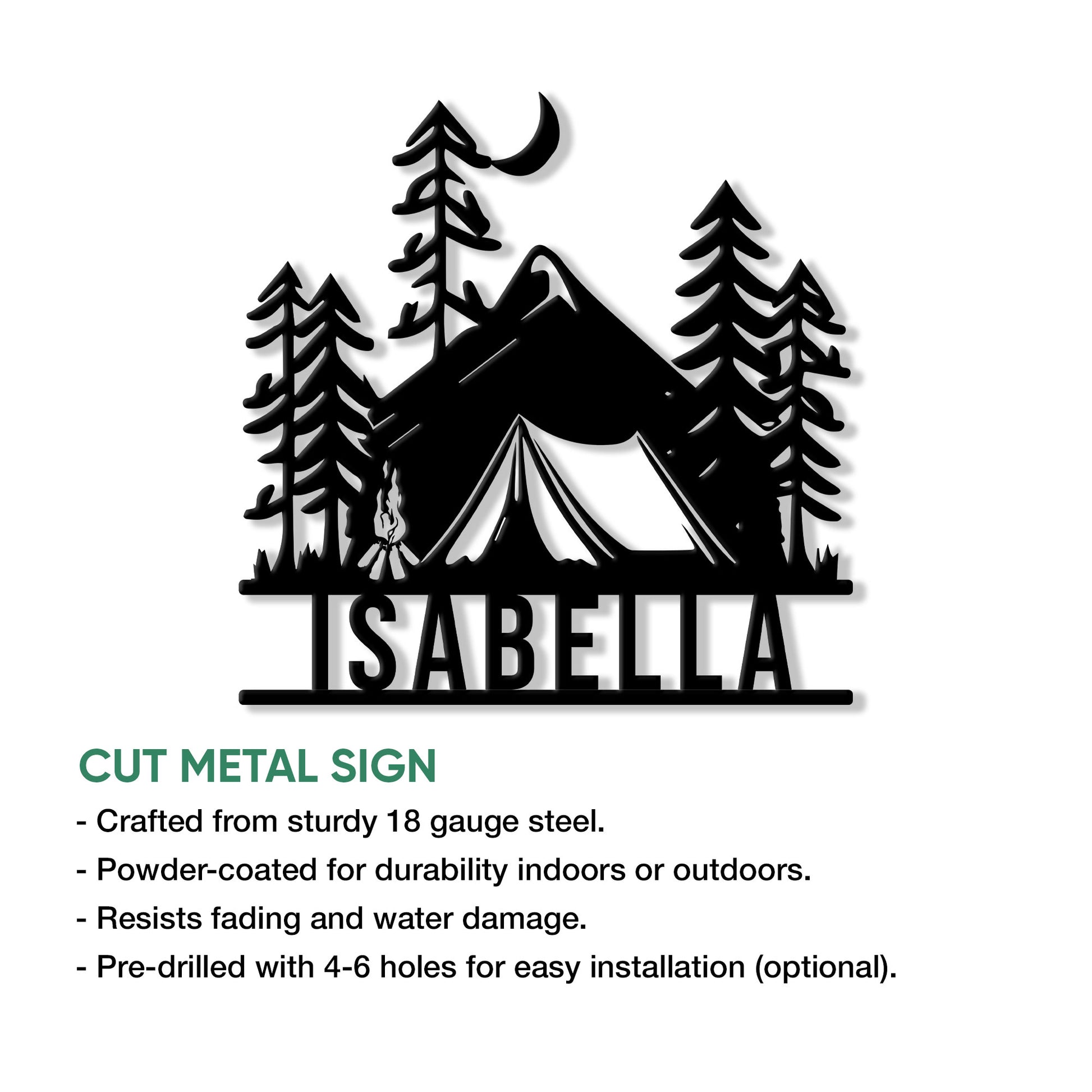 Cut metal camping sign shown with a mountain, tent, pine forest, campfire, and crescent moon design