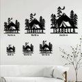 Camping metal sign size guide showing mountain campsite silhouettes in multiple square dimensions