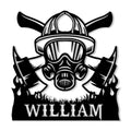 Custom firefighter metal sign featuring a helmet, protective mask, crossed axes, and stylized flames