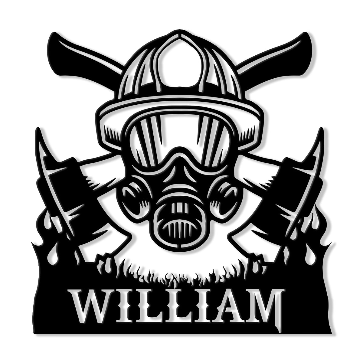 Custom firefighter metal sign featuring a helmet, protective mask, crossed axes, and stylized flames