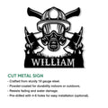 Firefighter metal sign product graphic showing the bold helmet, mask, crossed axes, and flame design