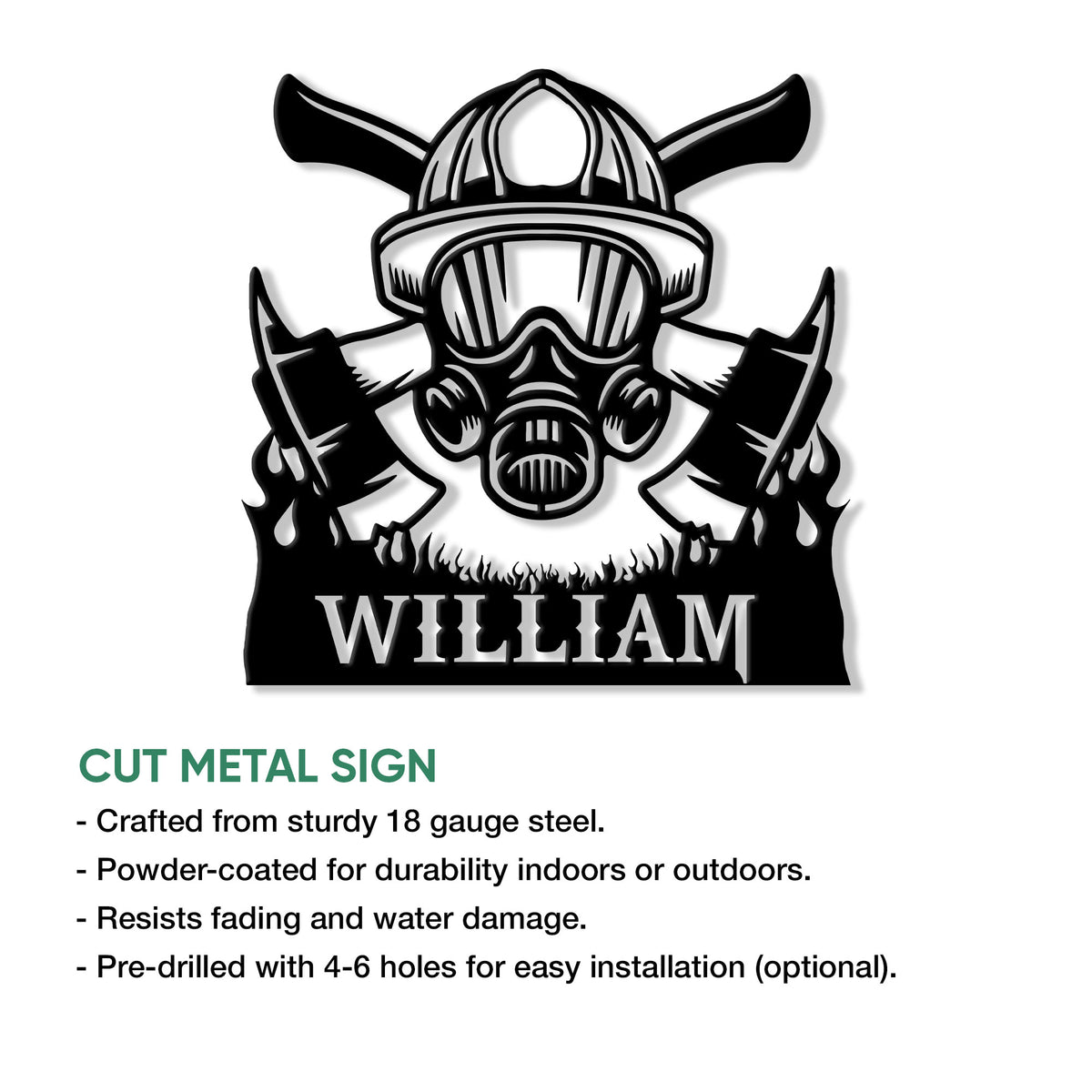 Firefighter metal sign product graphic showing the bold helmet, mask, crossed axes, and flame design