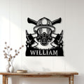 Firefighter metal wall sign displayed on a bright paneled wall above a rustic console table