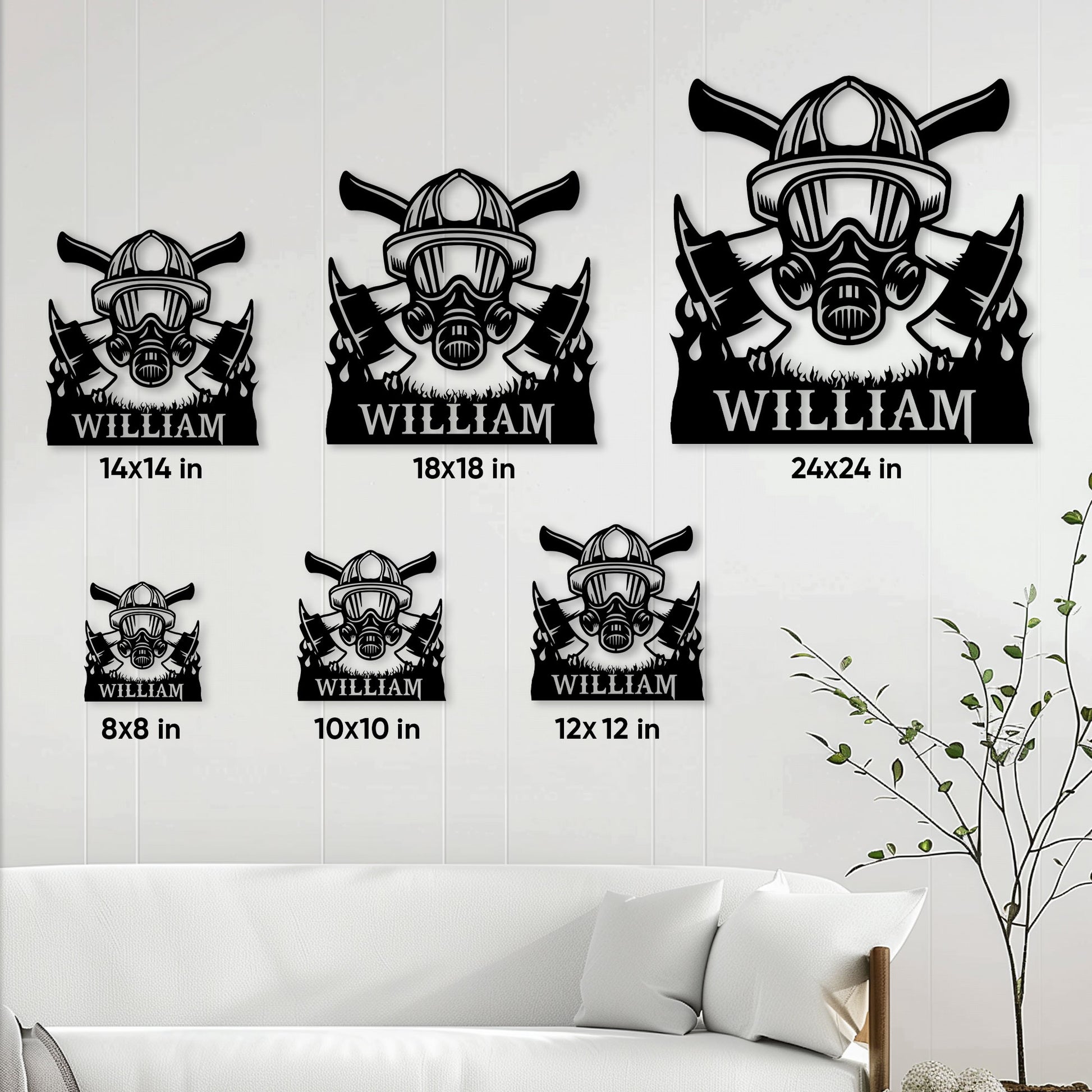 Firefighter metal sign size guide showing six square size options from 8 by 8 to 24 by 24 inches