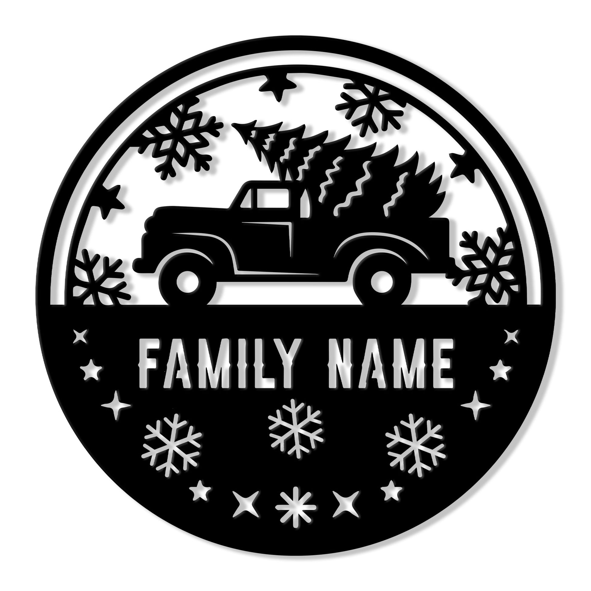 Round Christmas metal sign featuring a vintage pickup truck carrying a Christmas tree and snowflake accents