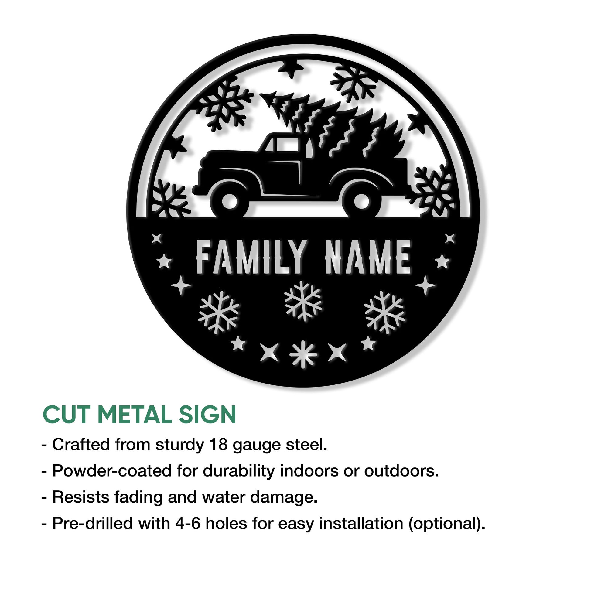 Christmas pickup truck metal sign shown with cut metal sign feature details