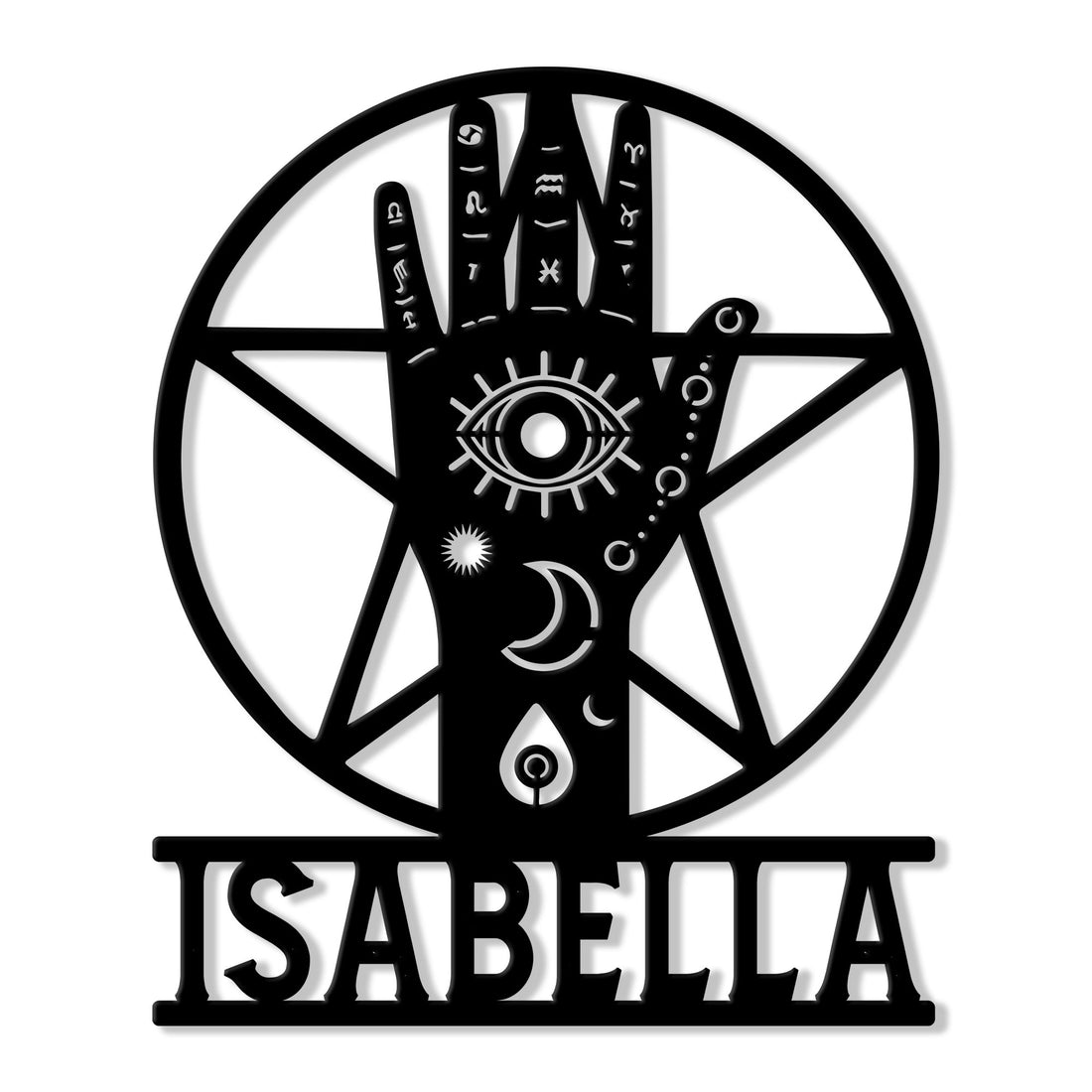 Custom Wicca metal sign featuring a mystical hand, pentagram, all-seeing eye, moon phases, and zodiac symbols