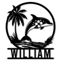 Dolphin metal sign featuring a tropical palm, ocean waves, hibiscus flower, and circular coastal silhouette