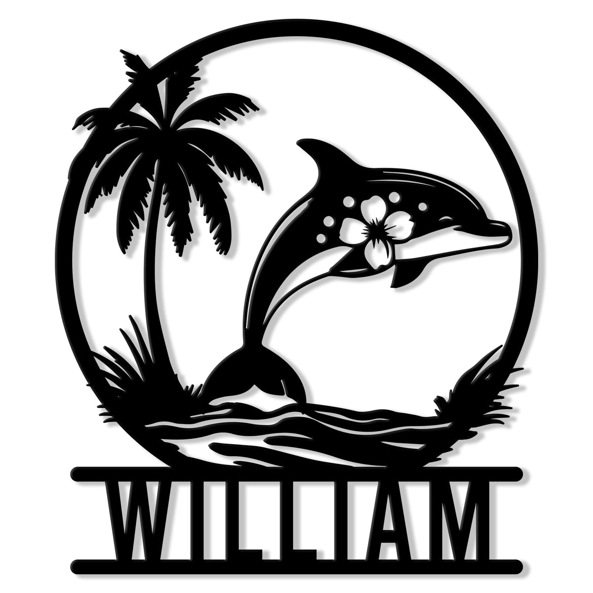 Dolphin metal sign featuring a tropical palm, ocean waves, hibiscus flower, and circular coastal silhouette