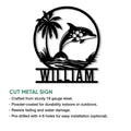 Dolphin metal sign feature graphic highlighting the circular tropical ocean silhouette design