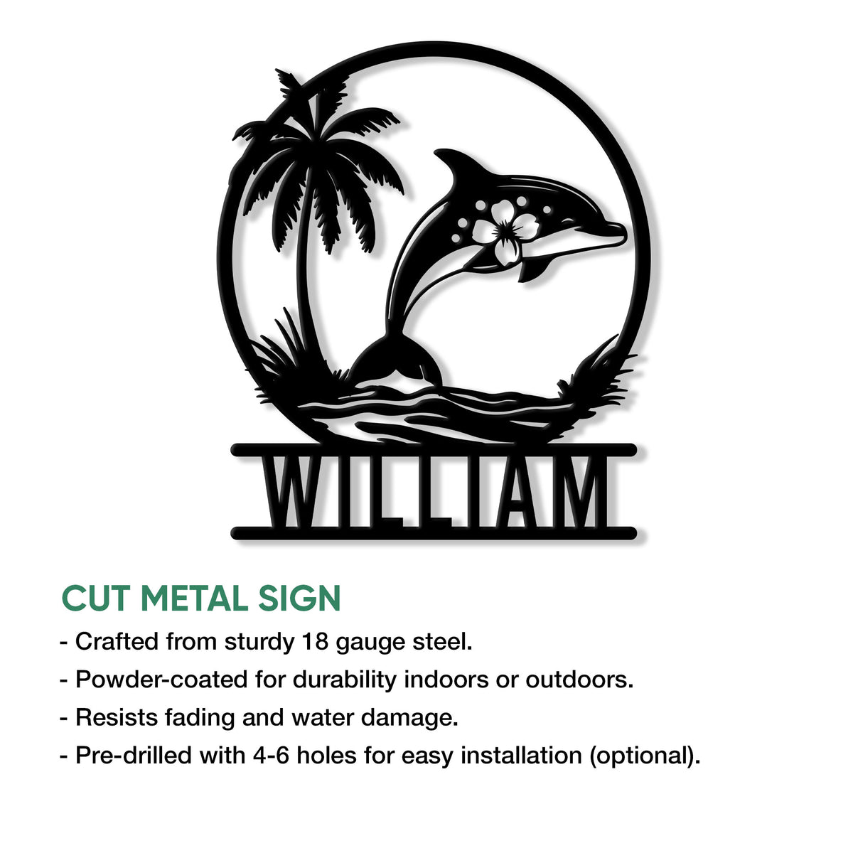 Dolphin metal sign feature graphic highlighting the circular tropical ocean silhouette design