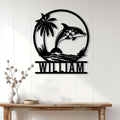Dolphin wall sign displayed on a white paneled wall above a rustic console table