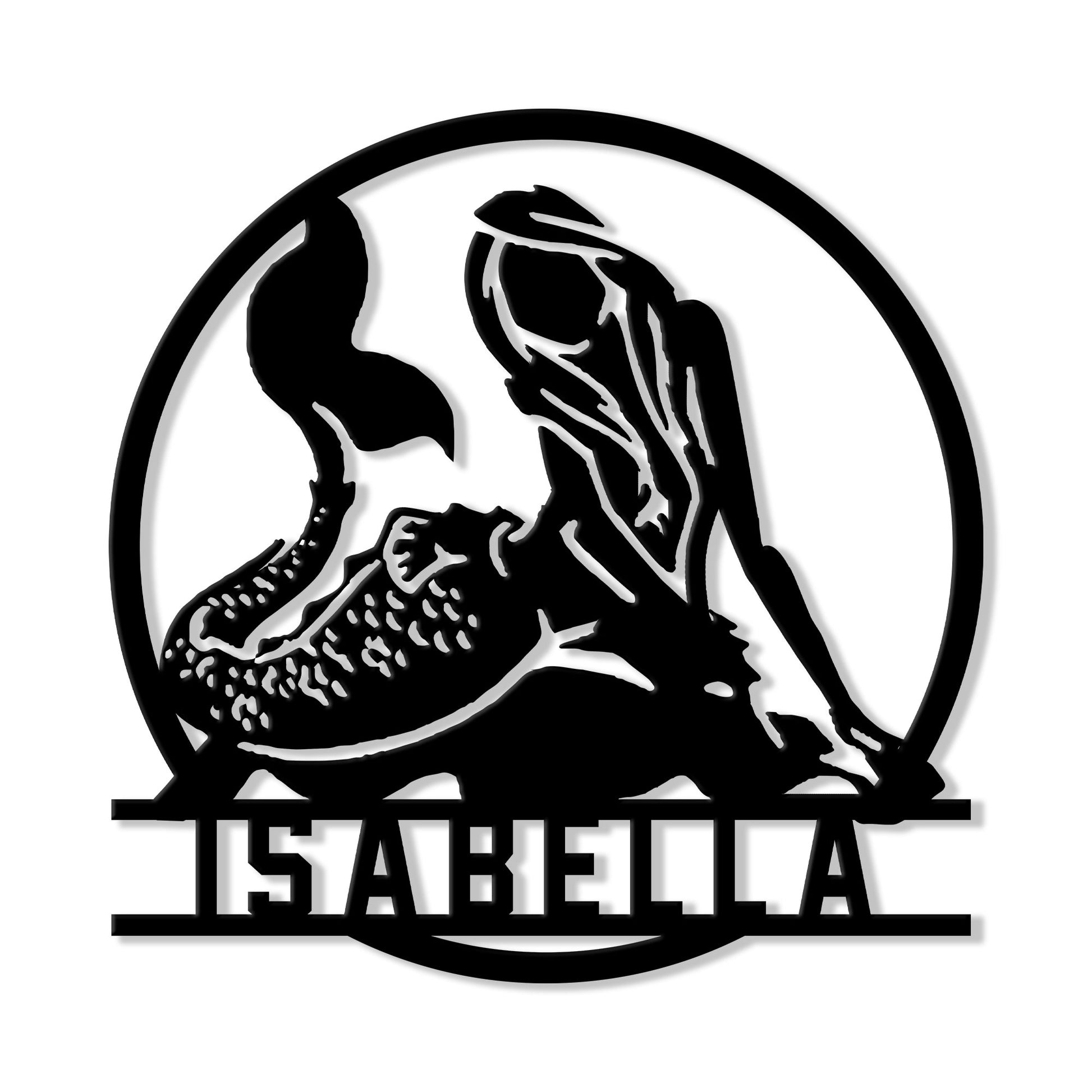 Black mermaid silhouette metal sign with flowing tail inside a circular frame