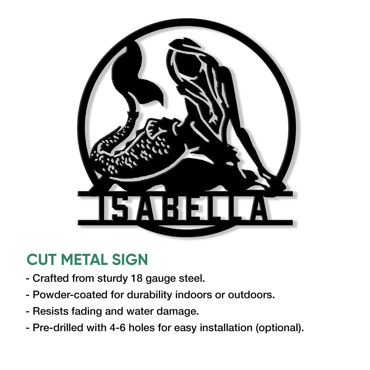 Mermaid cut metal sign featuring a seated mermaid silhouette and circular outline