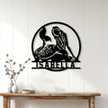 Mermaid wall sign displayed on a light paneled wall above a console table