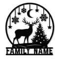 Custom Christmas metal sign featuring a deer, decorated tree, snowflakes, stars, and crescent moon