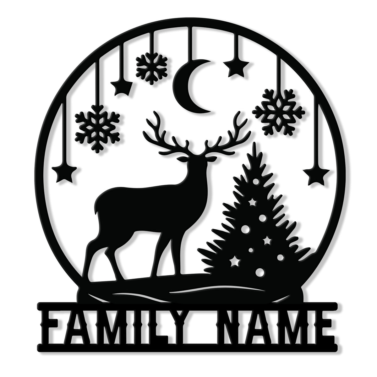 Custom Christmas metal sign featuring a deer, decorated tree, snowflakes, stars, and crescent moon