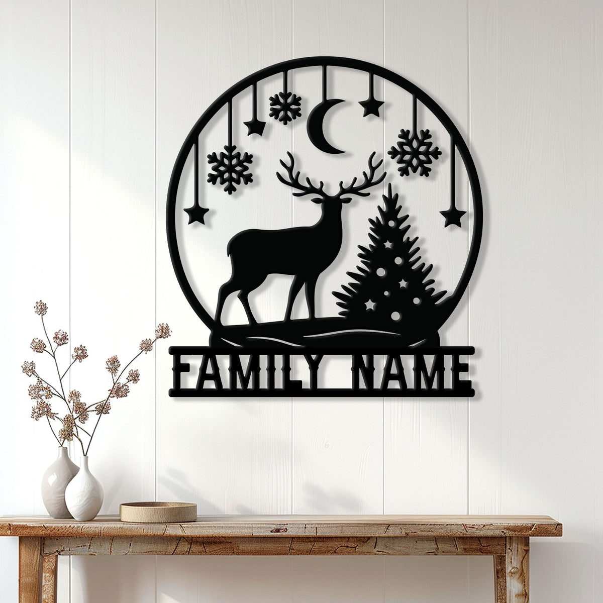 Christmas deer metal sign displayed as cozy wall decor above a console table in a bright home