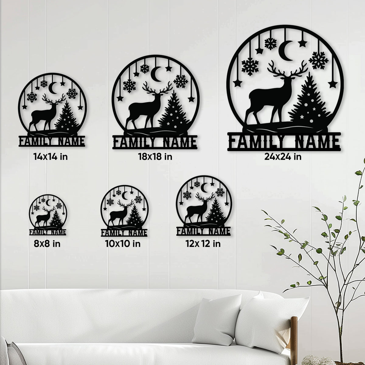 Christmas deer metal sign size guide showing options from 8 by 8 inches to 24 by 24 inches