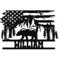 Bear silhouette metal sign with a distressed American flag, pine forest, and mountain landscape design