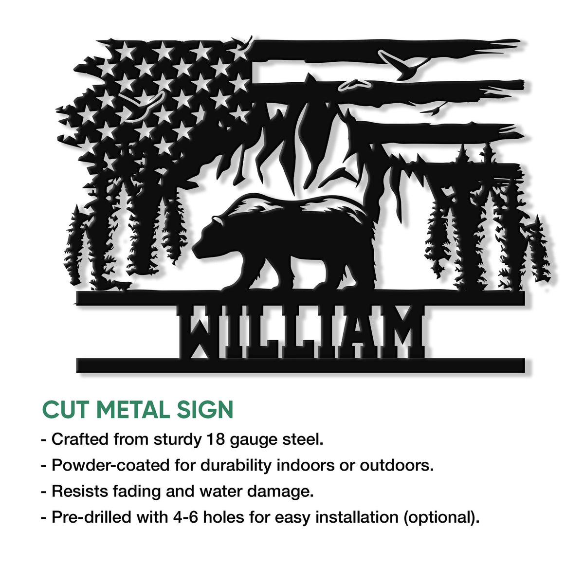 Cut metal bear sign featuring a patriotic flag design, evergreen trees, mountains, and wildlife silhouette