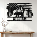 Patriotic bear metal wall sign displayed on a light wood-paneled wall above a console table