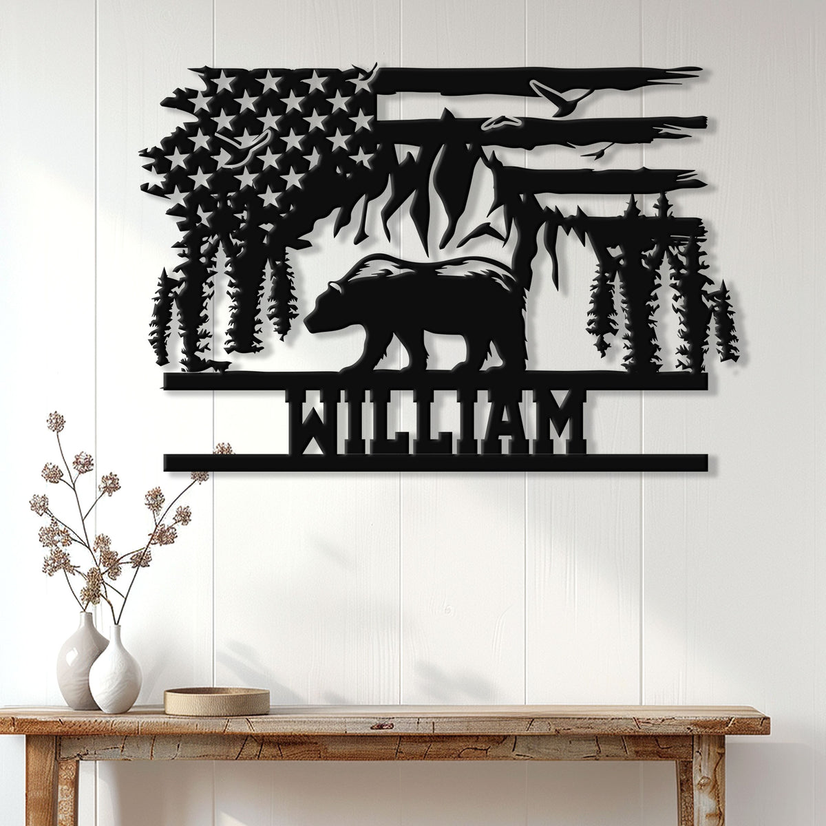 Patriotic bear metal wall sign displayed on a light wood-paneled wall above a console table