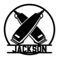 Barber metal sign featuring crossed hair clippers in a bold circular silhouette design