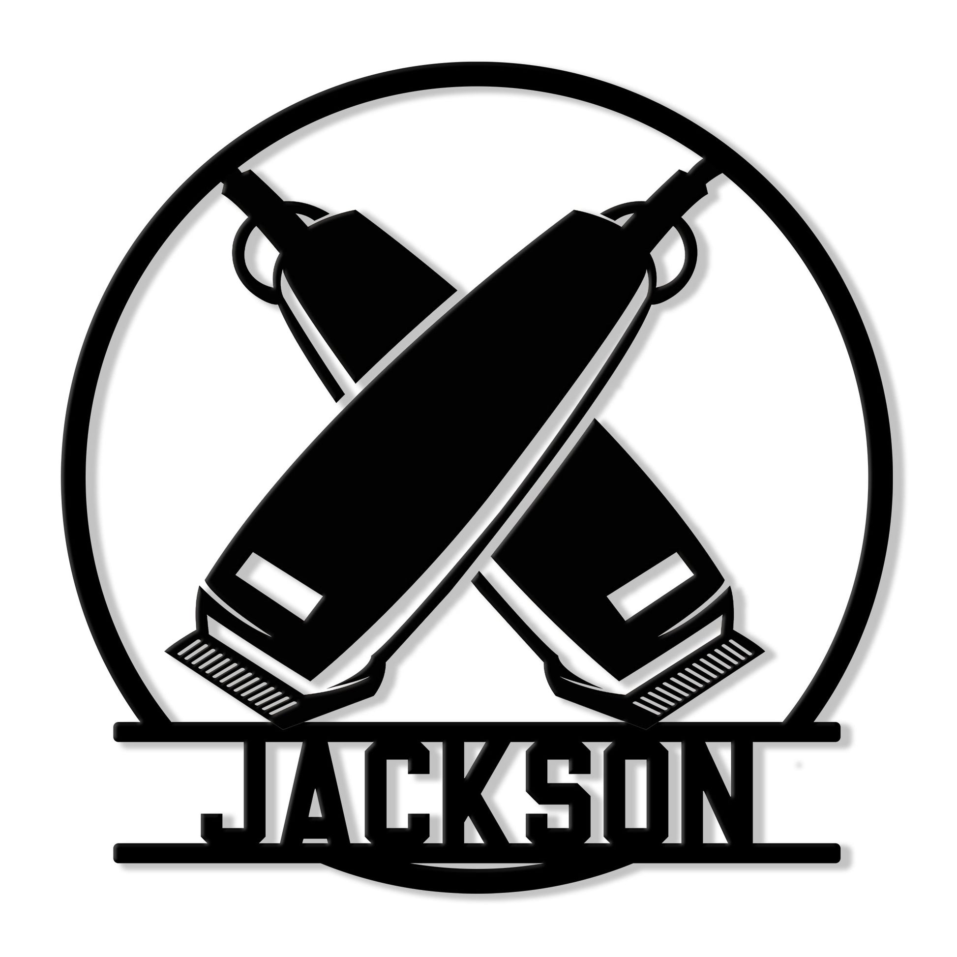 Barber metal sign featuring crossed hair clippers in a bold circular silhouette design