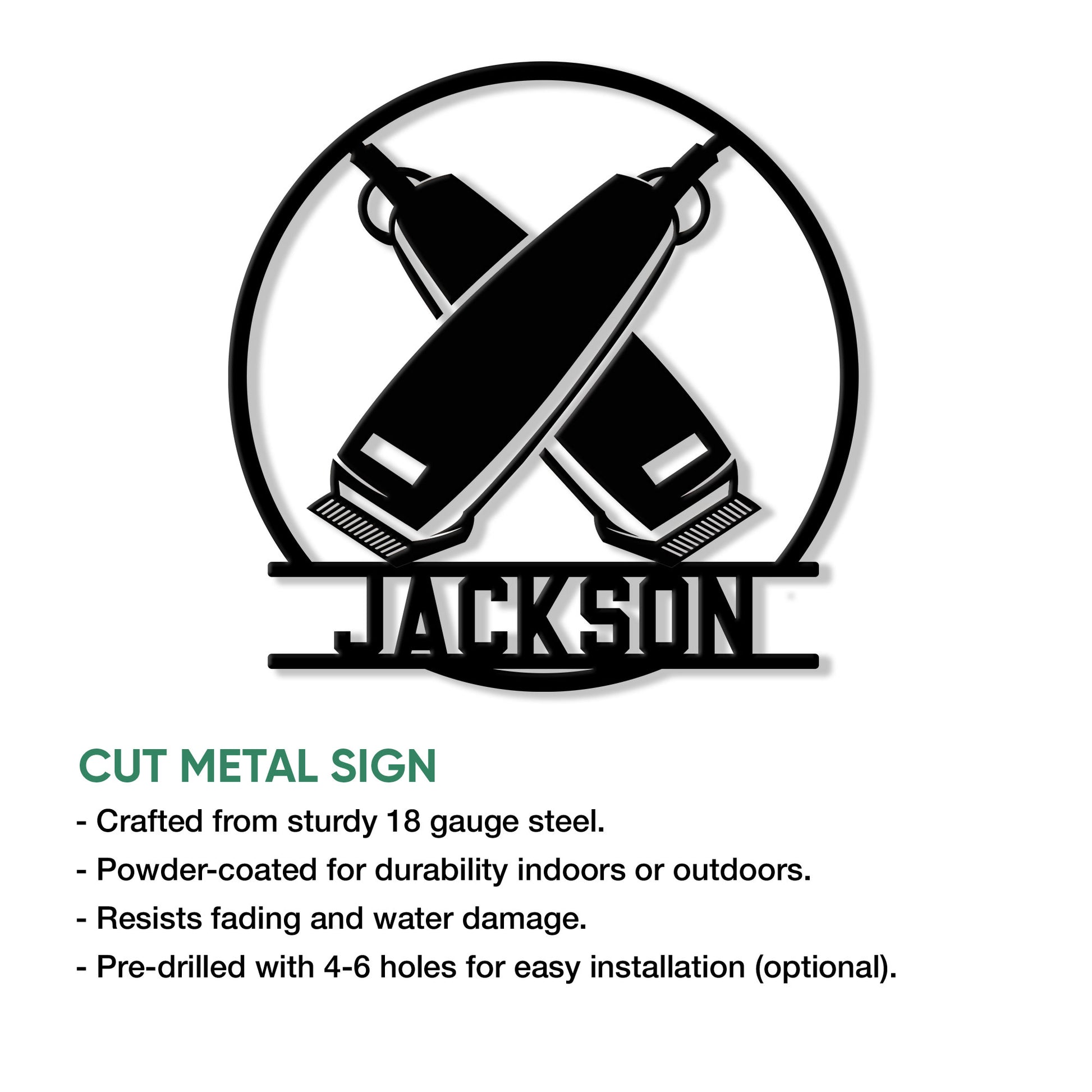 Barber metal sign product graphic showing crossed clippers and available sign features