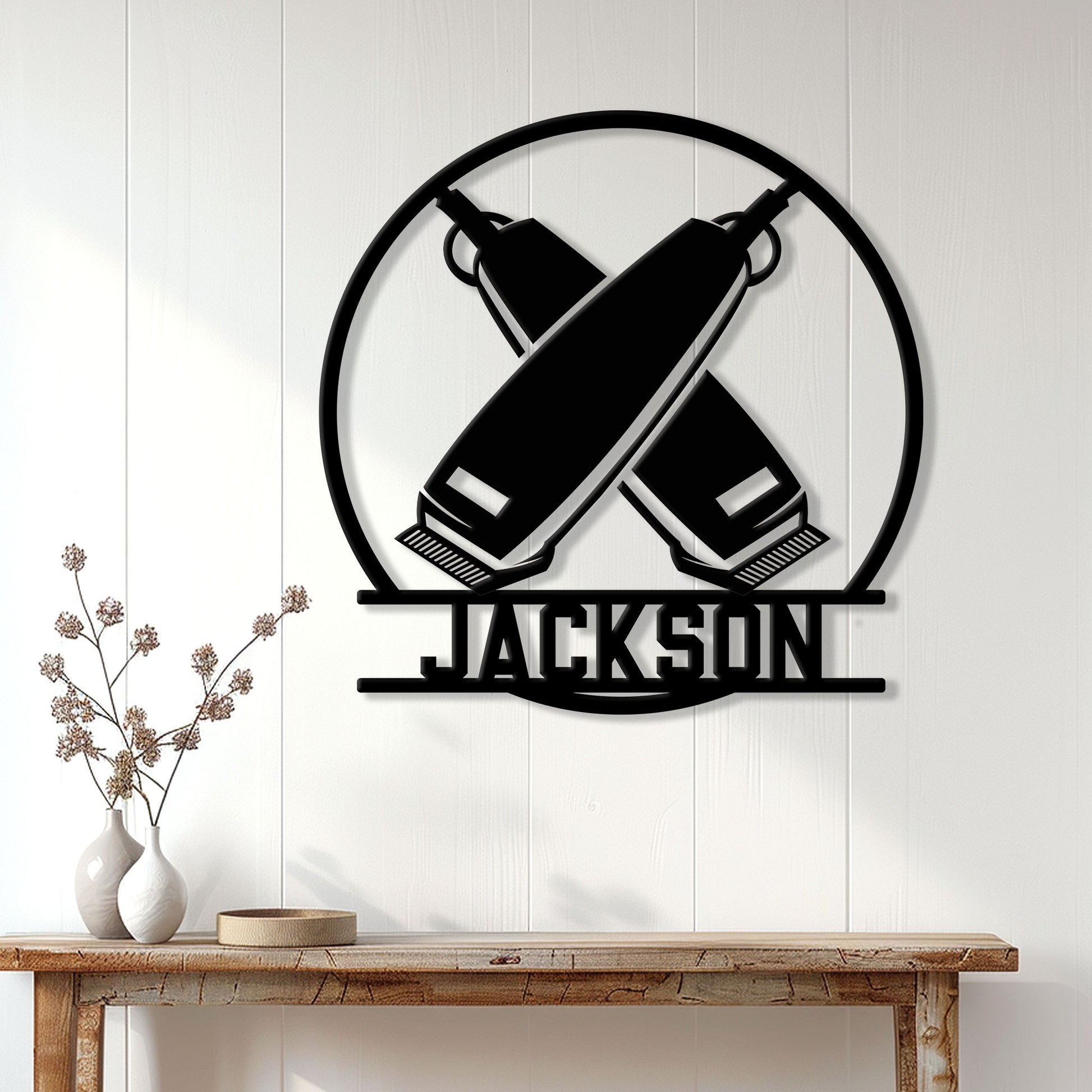 Custom barber sign displayed on a light wood wall above a console table