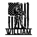 Patriotic veteran metal sign featuring a uniformed soldier over a distressed American flag design