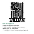 Veteran cut metal sign shown with a soldier silhouette, American flag, and product feature information