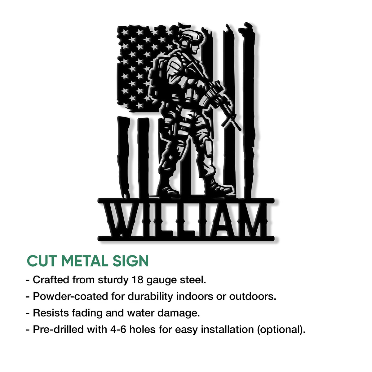 Veteran cut metal sign shown with a soldier silhouette, American flag, and product feature information