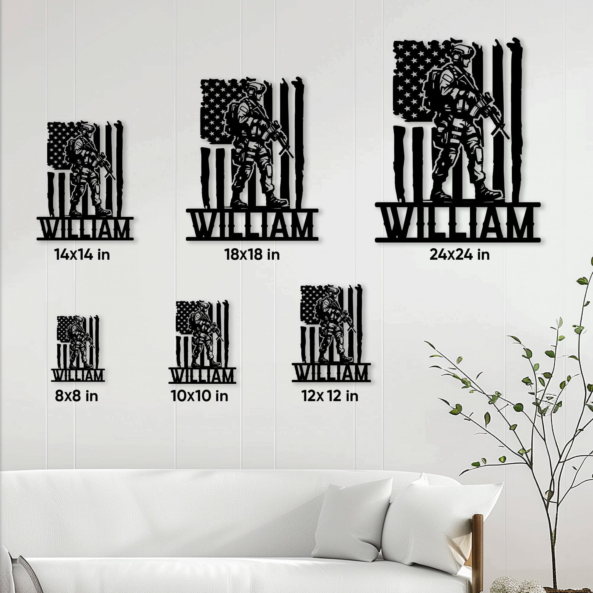 Veteran metal sign size guide showing multiple square size options in a living room setting