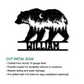 Bear metal sign product graphic showing a mountain landscape, pine trees, and outdoor display features