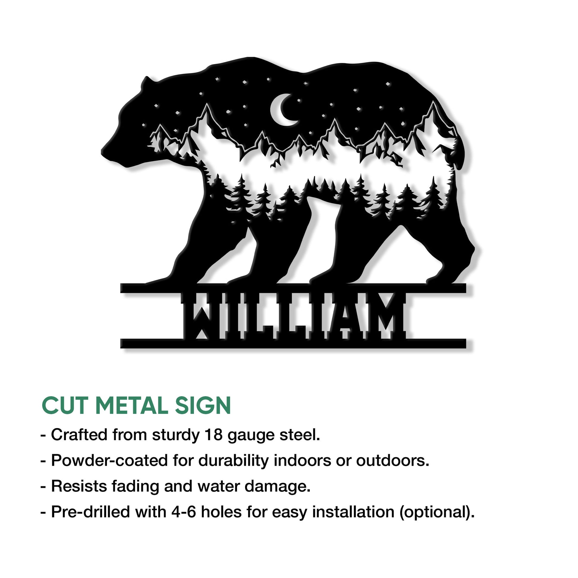 Bear metal sign product graphic showing a mountain landscape, pine trees, and outdoor display features