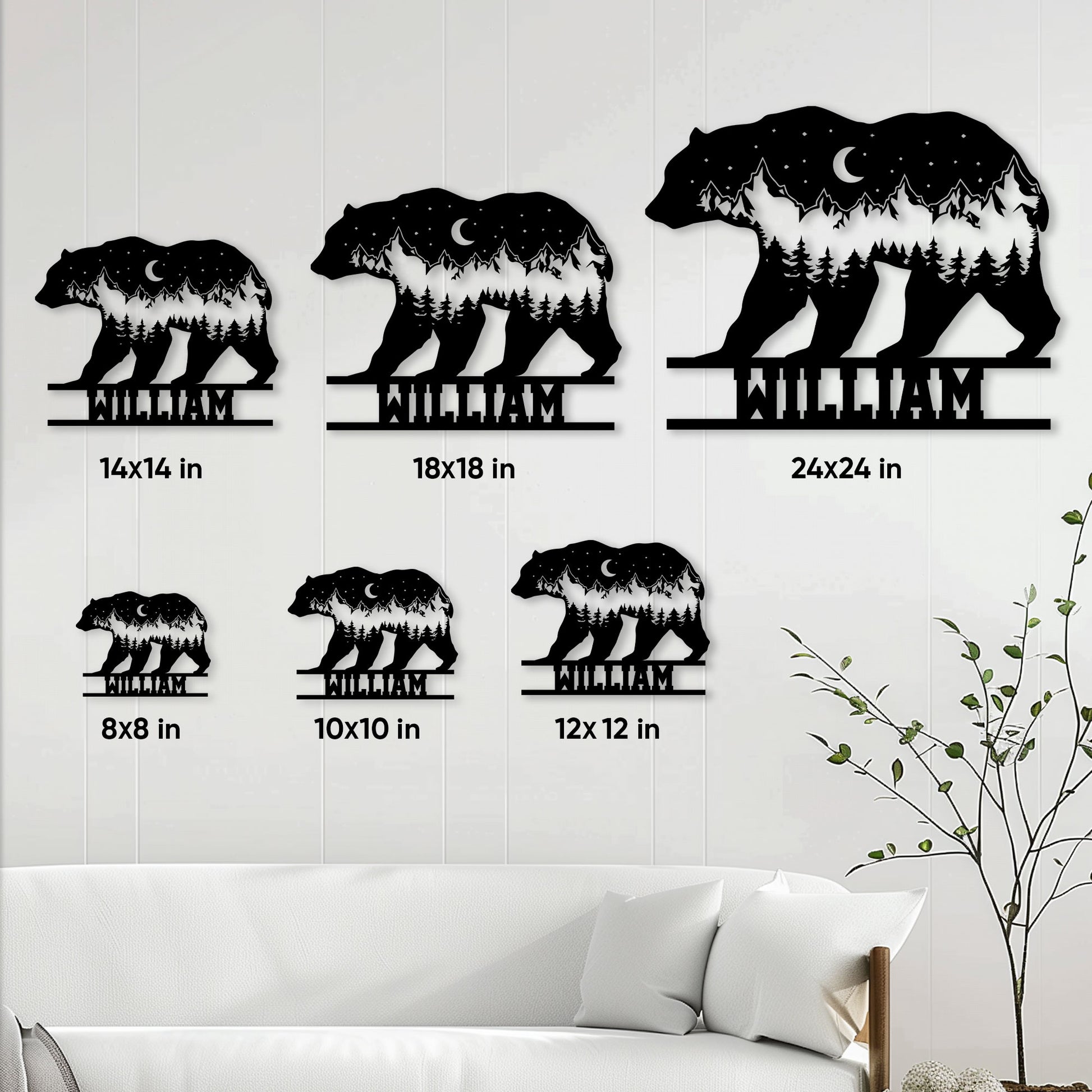 Bear mountain metal sign shown in multiple size options as a wall decor size guide