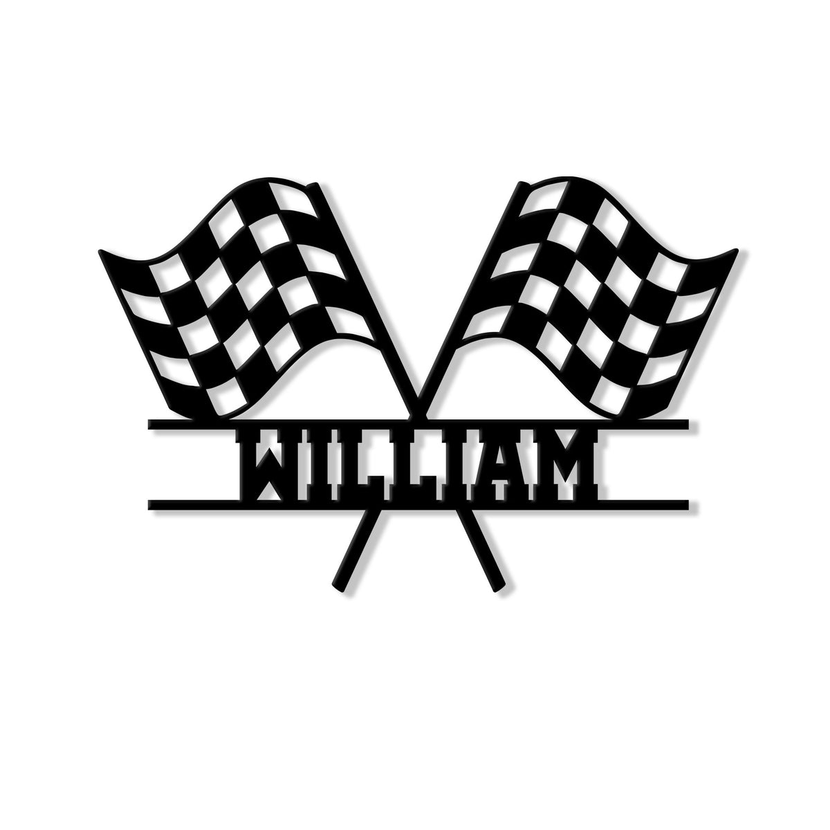 Custom racing metal sign featuring crossed black-and-white checkered flags and a bold wall-mounted silhouette