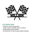 Racing flags metal sign feature graphic highlighting the cut-metal design and optional hanging holes