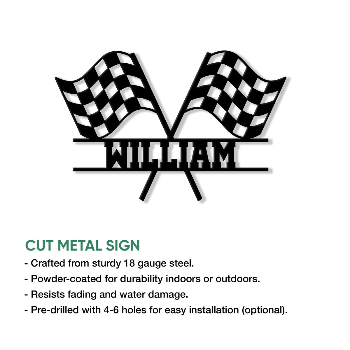 Racing flags metal sign feature graphic highlighting the cut-metal design and optional hanging holes