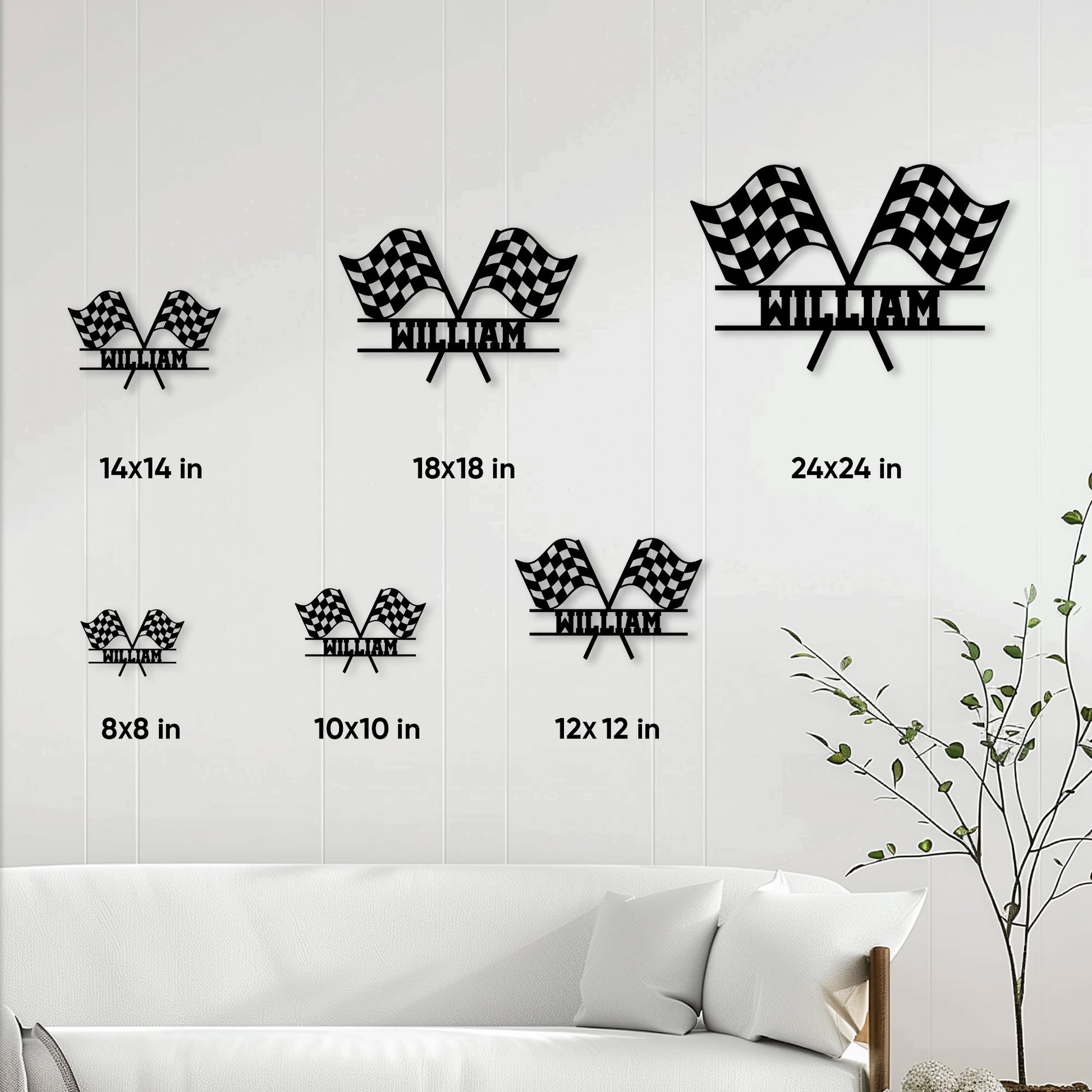 Racing flags metal sign size guide showing available square sizes from 8 by 8 to 24 by 24 inches
