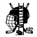 Hockey goalie metal sign featuring a helmet, face cage, crossed sticks, gloves, skates, and puck