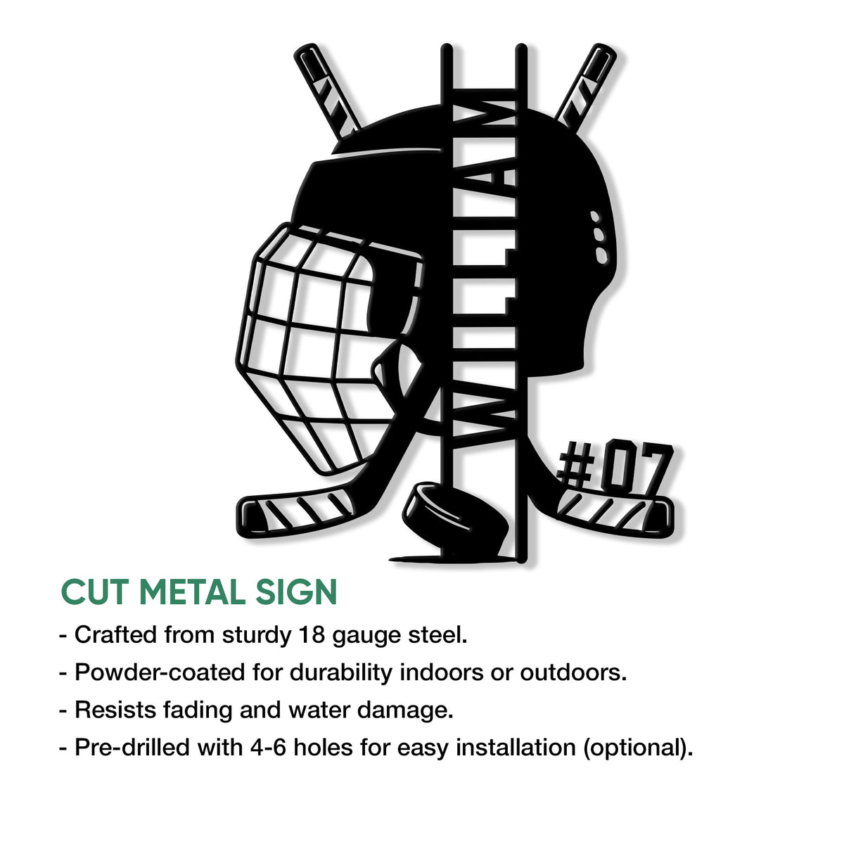 Hockey goalie cut metal sign shown with a bold black silhouette and detailed protective gear design