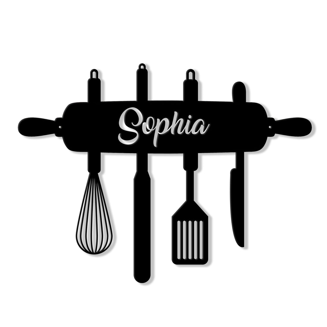 Custom kitchen metal sign shaped like a rolling pin with whisk, spatula, and kitchen utensils