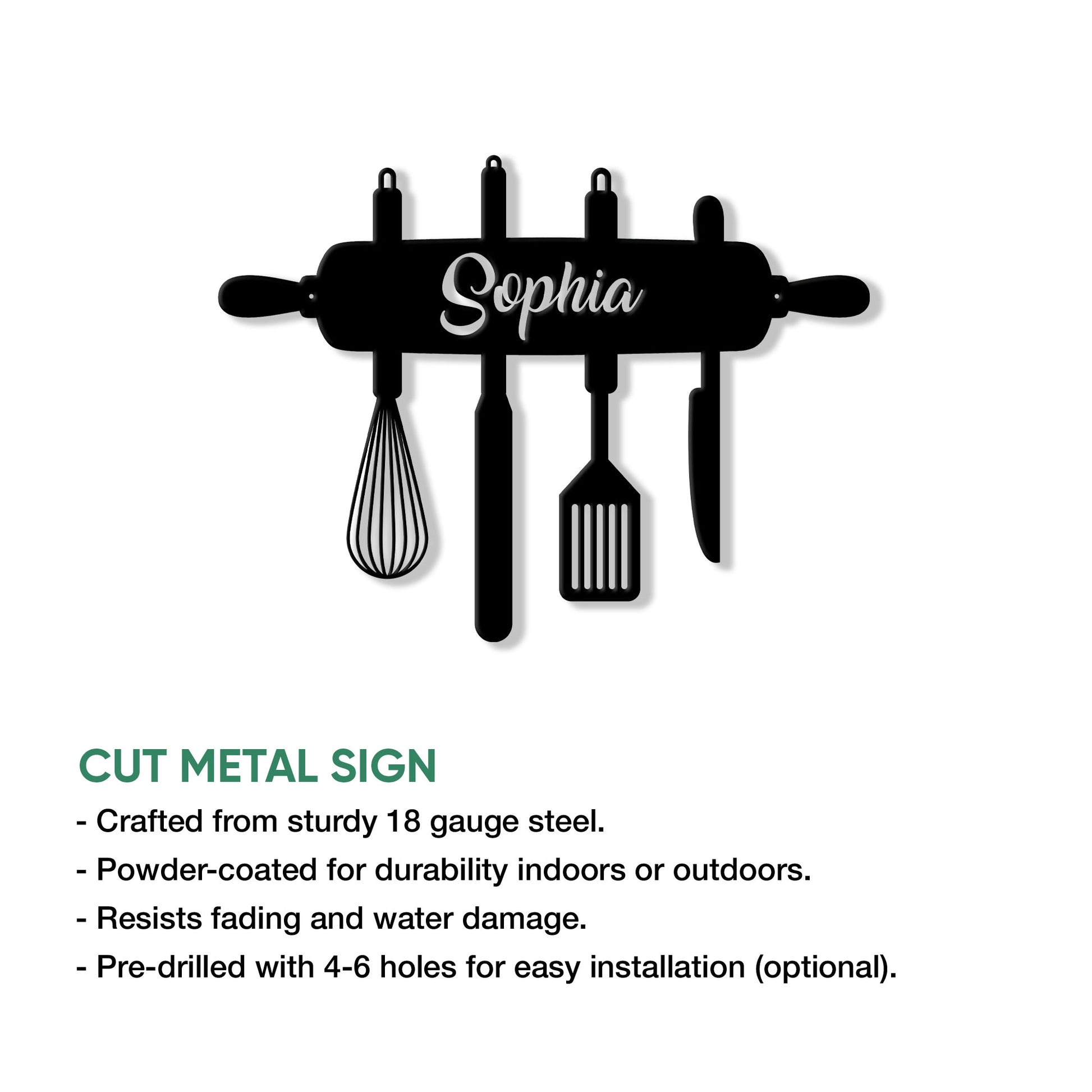 Cut metal kitchen sign featuring a rolling pin silhouette and hanging baking utensils