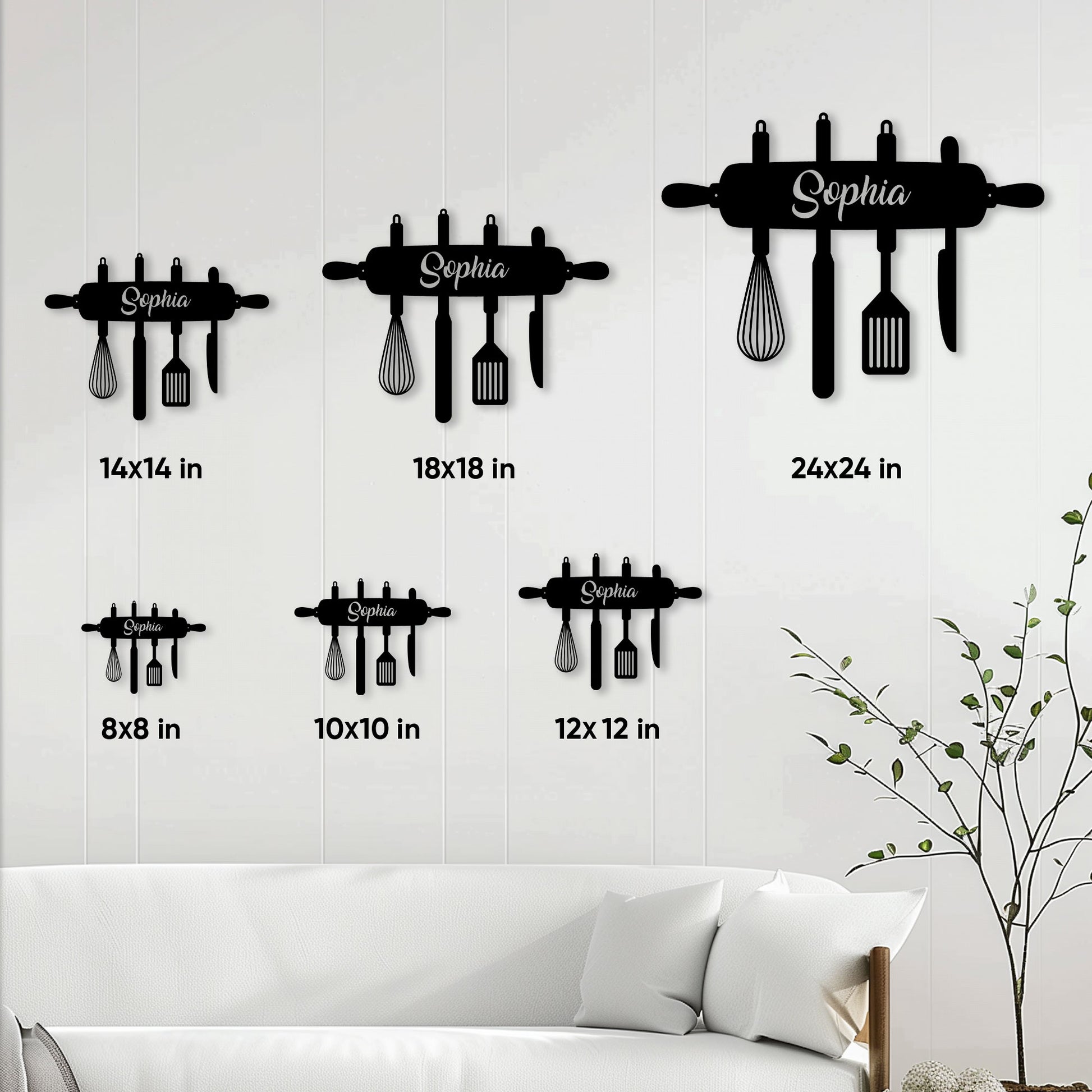 Kitchen utensil wall sign shown in multiple sizes above a modern living room sofa